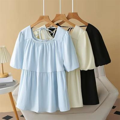 Damen Sommer Square Neck Altersreduzierendes Kurzarmshirt Unifarbenes Design Bindetop