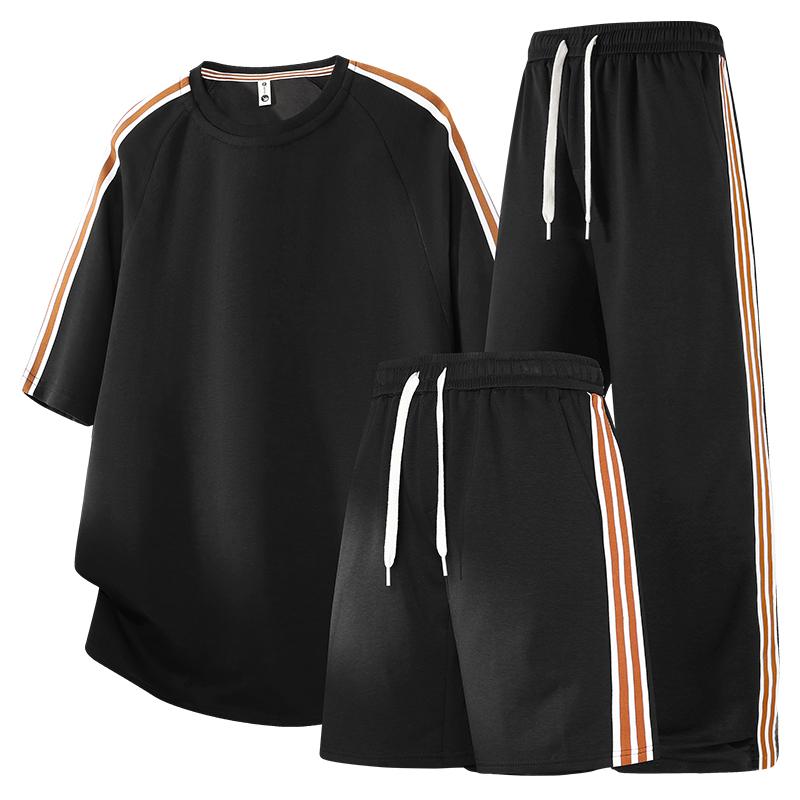 Sports Suit Striped T-shirt Trousers Three-piece Suit For Men Versatile Loose Five-quarter Pants Casual Suit For Men