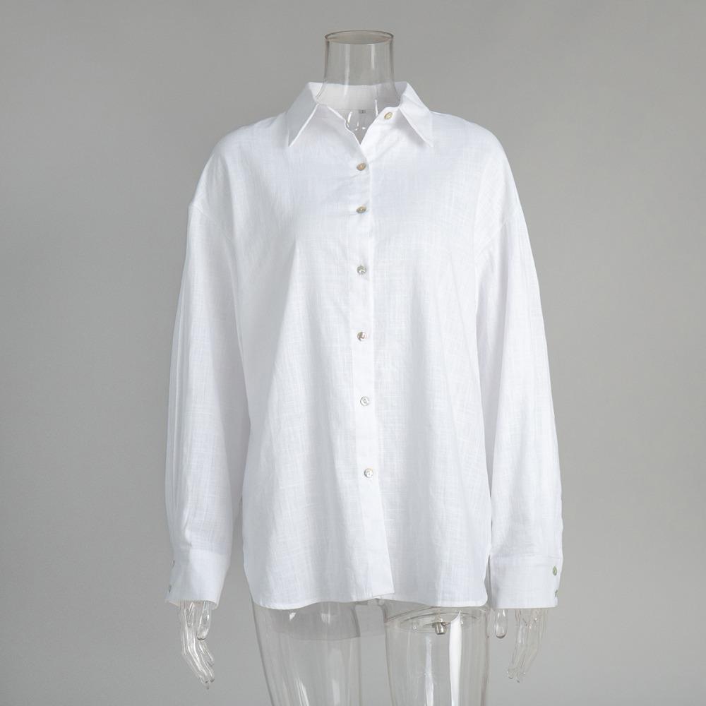 Women's Oversized Button Down Shirt Loose Fit Point Collar Long Sleeve Solid Cotton Blouse