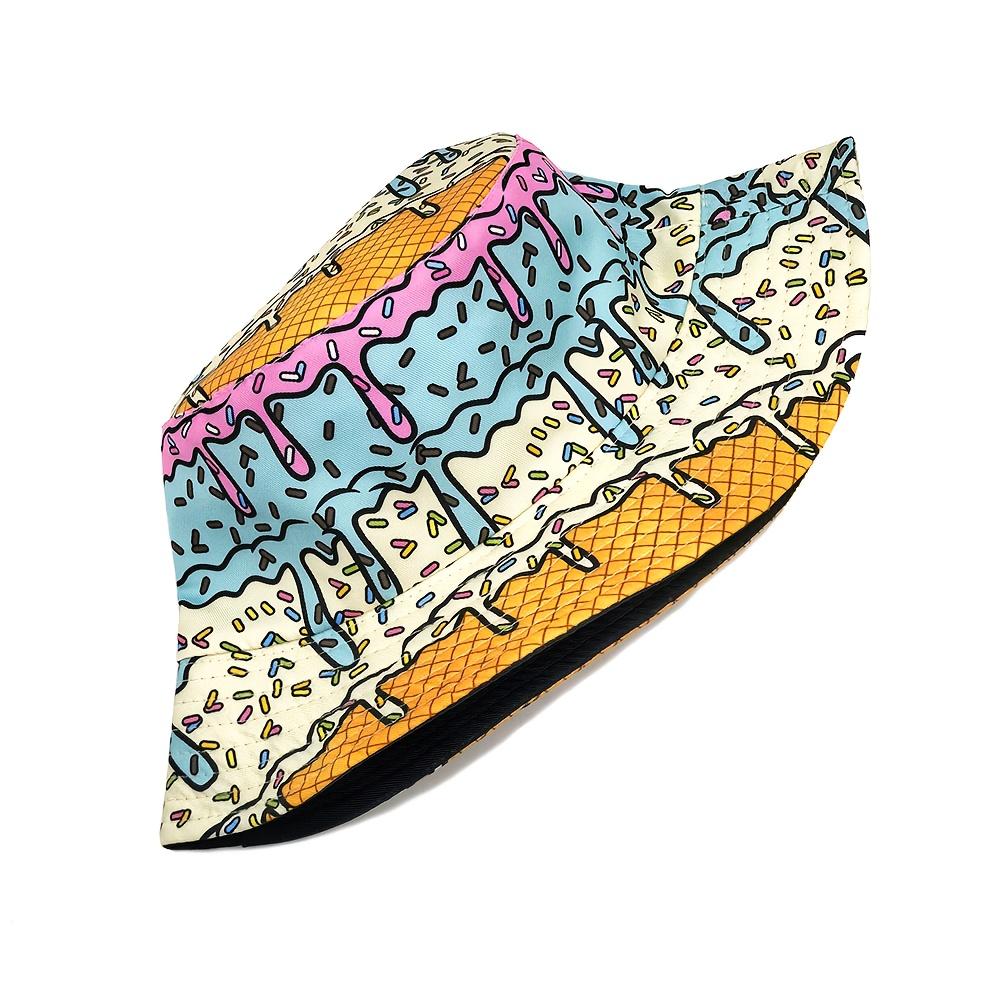 Kolorowa Czapka Bucket Hat z Nadrukiem Drip lodowy Zabawny Wzór Posypki Kapelusz Przeciwsłoneczny dla Mężczyzn Kobiet Letni Plażowy Outdoor Czapka z Ochroną UPF