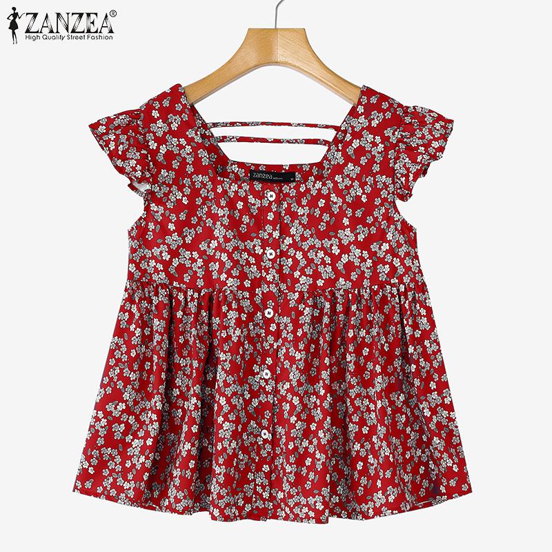 

ZANZEA Women Summer Casual Square Neck Sleeveless Floral Print Blouse S синий