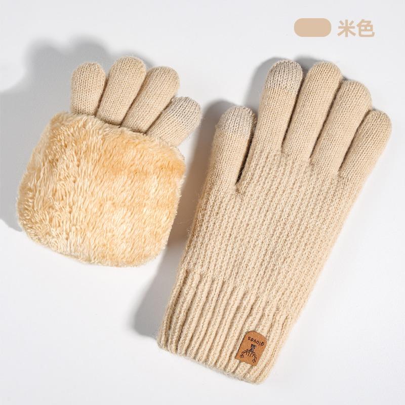 Knitted gloves, women's autumn and winter warm outdoor cycling cold-proof double-layer velvet thickened, touch screen gloves