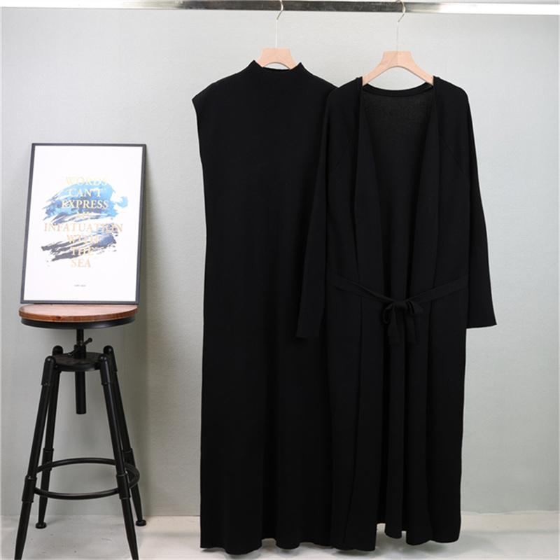 Women's Autumn Fashion Long Knitted Cardigan Suit, Sleeveless Vest Dress Paired with Long Knitted Cardigan Two-piece Set