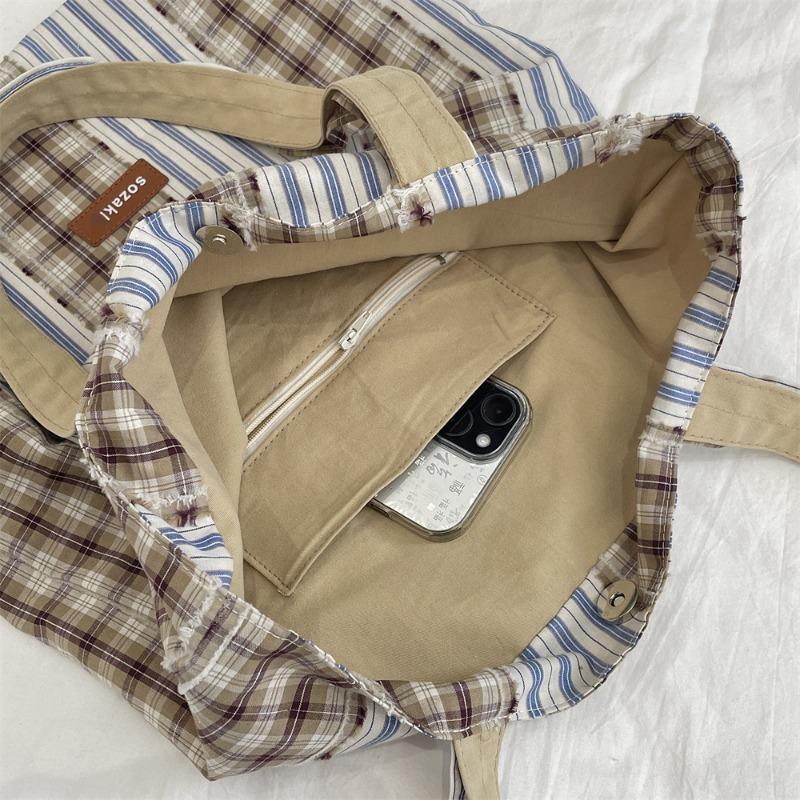Vintage Plaid Patchwork Girls Shoulder Bags Large Capacity Commuter Women's Tote Shopping Bag Casual Portable Female Handbags