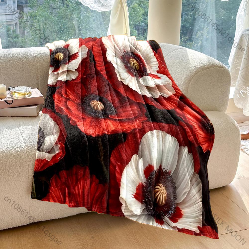 

1PC Red and White Poppy Flowers Pattern Blanket Flannel Material Soft Warm for All Seasons Home Outdoor Camping Picnics RV 75x90cm