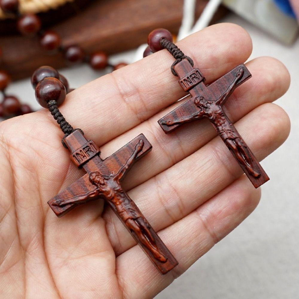 Religious Wood Beads Necklace with Storage Bag Crucifix Pendant Chain Handmade Rosary Necklace  Men