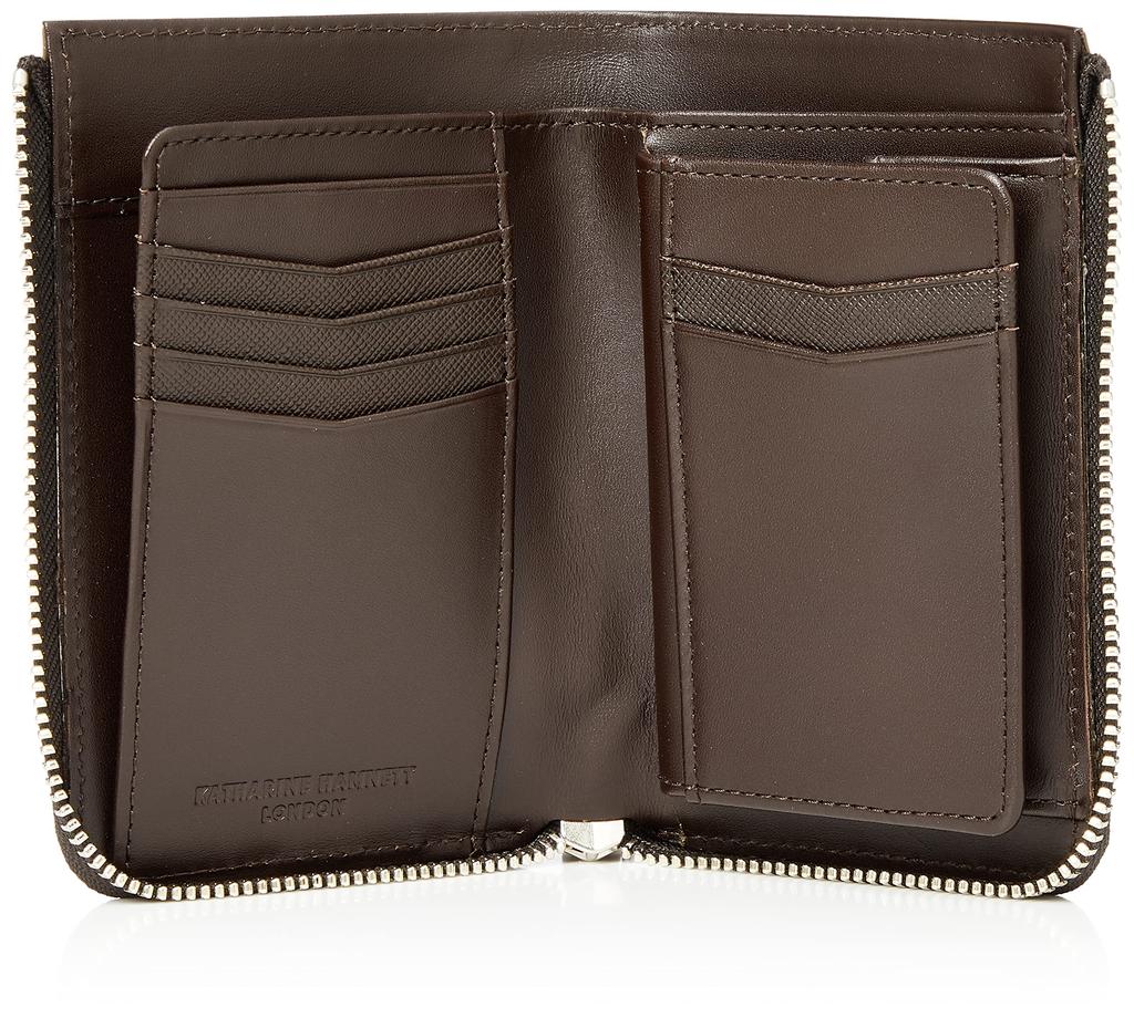 Katharine Hamnett London PRISM Bifold Wallet, Premium Japanese Cow Leather with Prism Embossing, Medium Size, L-Shaped Zipper, Dark Brown, One Size