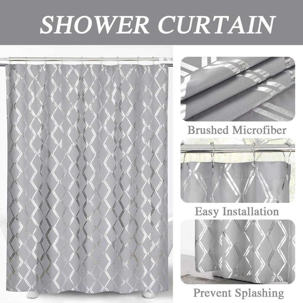 Metallic Silver Geometric Printed Shower Curtain, Gray Sparkly Cloth Shower Curtain with Diamond Pattern, Unique Classy Bathroom Curtains for
