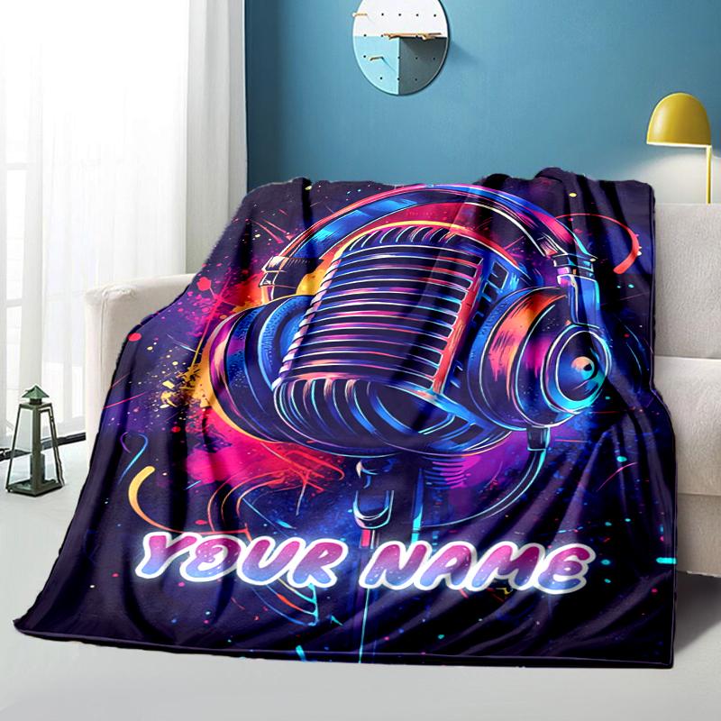 1PC Custom Name Music Headphones Neon Art Flannel Blankets Patterns Throw Blanket All-Season Soft Gift for Couch, Bed, Camping Gifts