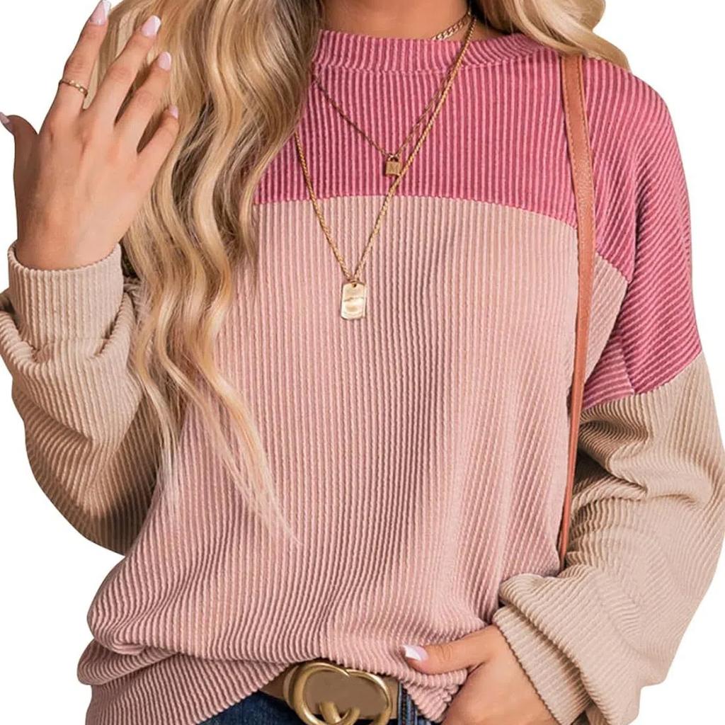 Womens Fashion Color Block Long Sleeve Crewneck Knitted Casual Loose Pullover Shirts Tops Sweatshirt T-Shirt