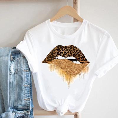 Top Donna Maglietta Estiva Moda Stampa T-shirt Girocollo Leopardo Tendenza Labbra Signora Abbigliamento Femminile Casual Manica Corta T-shirt Grafica