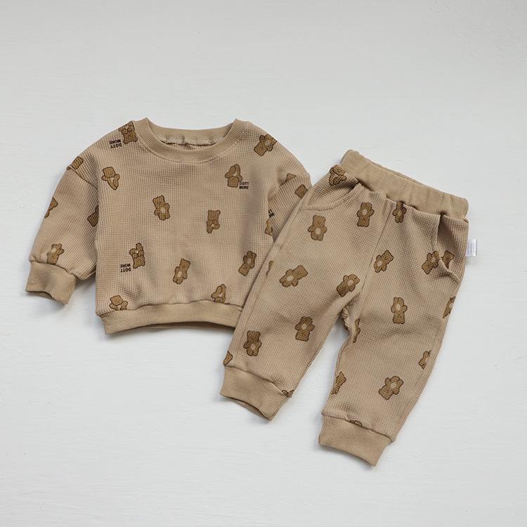 Autumn Unisex Baby Waffle Cotton Bear Print Two-Piece Casual Sports Set 100 cm