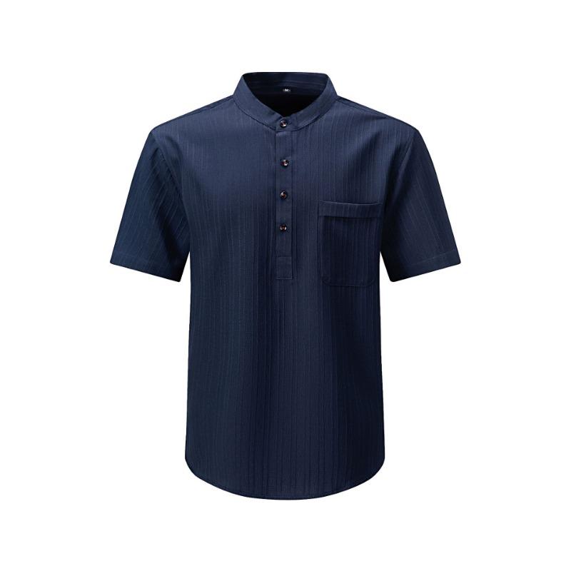 Fashionable Men's Shirt Sea Wave Strips Casual Short-sleeved Stand Collar Loose Solid Color Versatile Button Splicing Pullover
