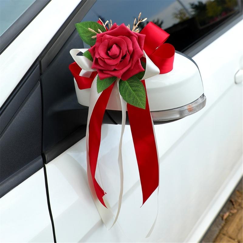 Wedding Rose Ornament for Car Use, Faux Rose Ribbon Accent for Engagement Signs, Party Tables, and Home Display