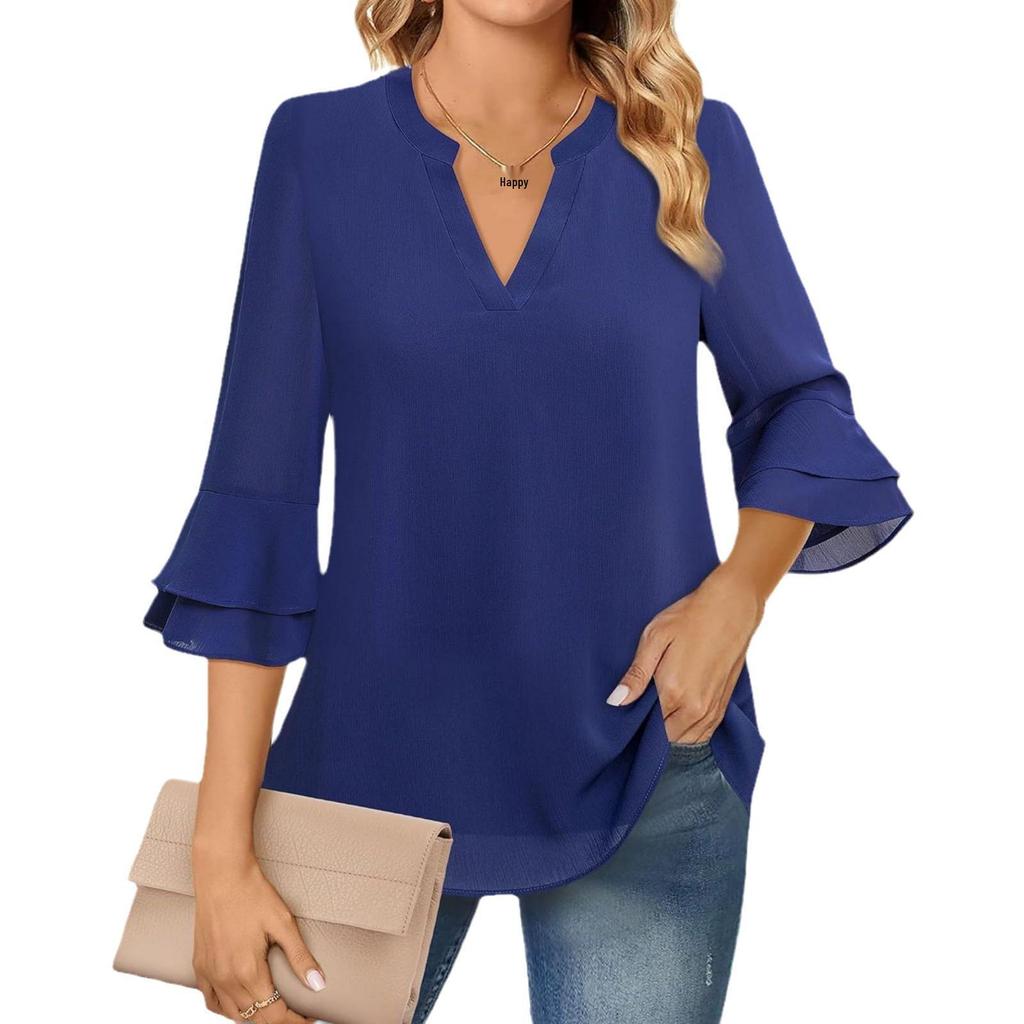 Women's V-Neck Double-Layer Chiffon Top with Flare & Tie-Waist Detailing