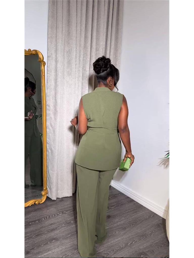 2025 Summer Women's Wear: Stand-up Collar Buttoned Sleeveless Top & Wide-leg Pants Set