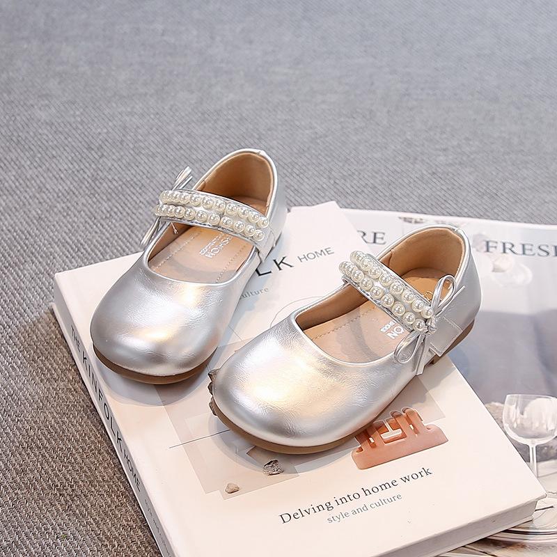 Spring Autumn Girls Leather Shoes Pearl Bow Mary Jane Princess Shoes for Kids size 24 серебряный