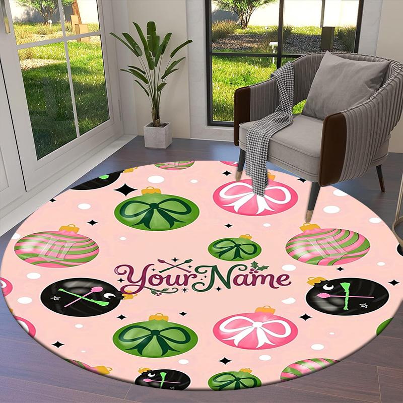 Christmas Baubles Theme Custom Name Round Area Rug Carpet Rug For Living Room Bedroom Sofa Playroom Decor Nonslip Floor Mat