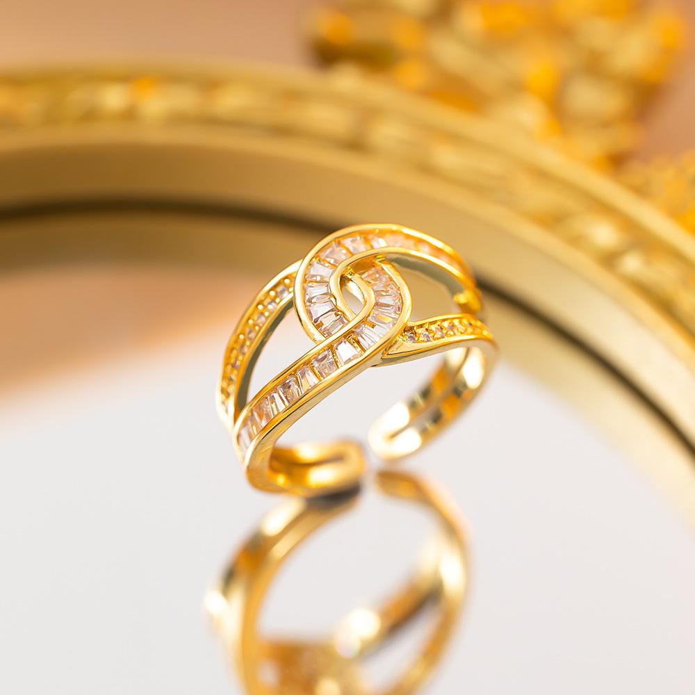 Exquisite super flash zircon ring for girls, light luxury, high-end sense opening adjustable ring, simple real gold electroplating