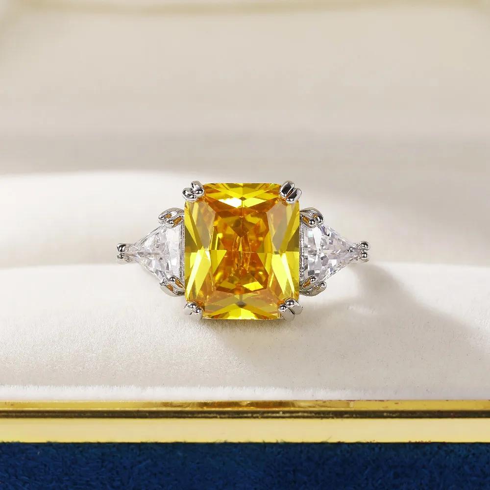Anéis Huitan de Zircônia Cúbica Amarela com Formato Geométrico Cor Prata Alianças de Casamento para Mulheres Acessórios Brilhantes Joias de Festa