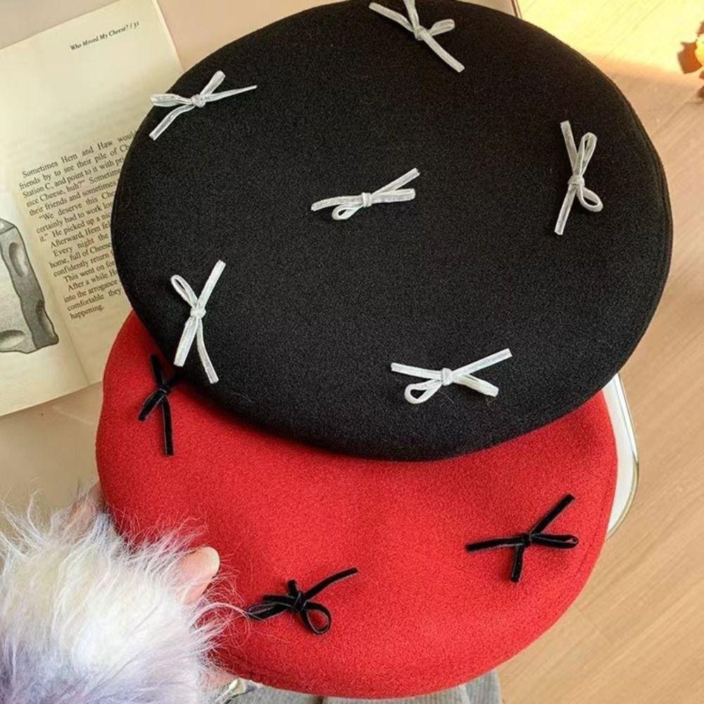 

Harajuku Bow Beret Hat Solid color Women Octagonal Cap Elegant Painter Hat Daily