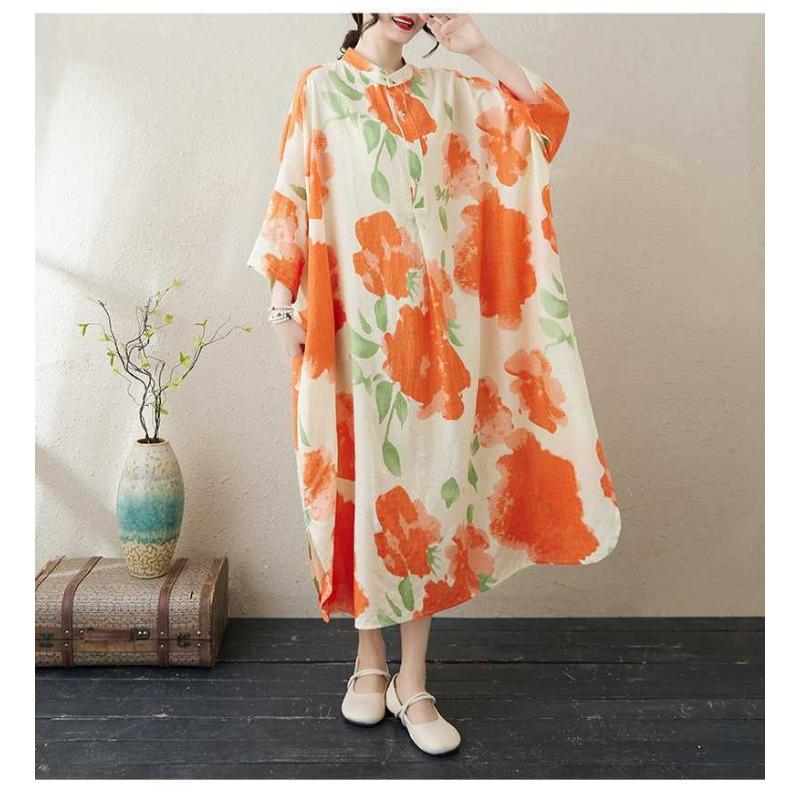 2025 Printed Stand Neck Loose Extra-Large Size Vacation Dress