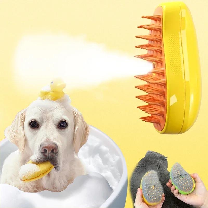 3-In-1 Cat Steam Brush Mango Pet Body Scrubber Release Button Silicone Massage Beauty Brush Cat Dog Hair Cleaning Brush Comb