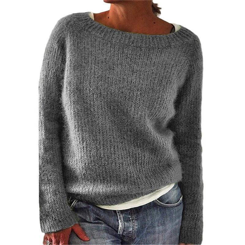 Solid Colour Basic Knit Sweater with Round Neck Stylish and Versatile Luxurious Relaxed-fit Slimming and Versatile Top