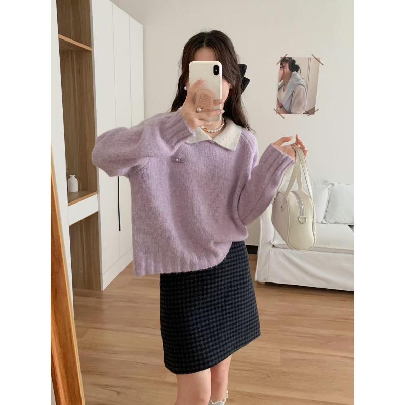 

Дизайнерское чувство сочетания цветов, свитер-пуловер с кукольным воротником, новинка осени и зимы, свободный, милый, омолаживающий вязаный свитер-топ для женщин one size fits all фиолетовый