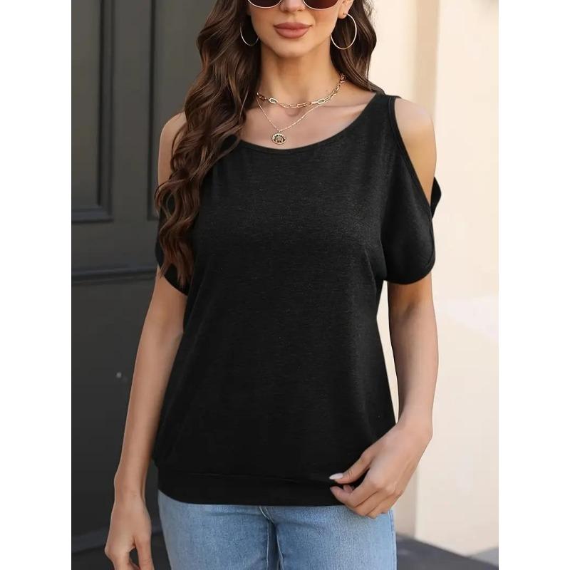 2025 Spring Summer Sexy Off-the-shoulder Short Sleeved Women Blouse Crew Neck Loose T-shirt Casual Simple Basic Solid Color Office Women Top Shirts