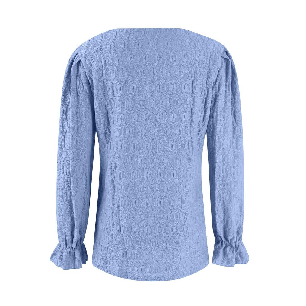 Women's Casual And Fashionable Solid Color Round Neck Trumpet Sleeve Long Sleeved Top