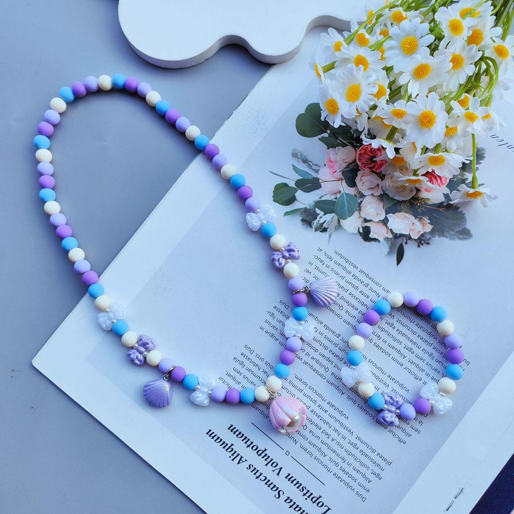 Cartoon Kids Candy Color Bead Bow Knot Necklace & Bracelet Set with Mother-of-Pearl Shell