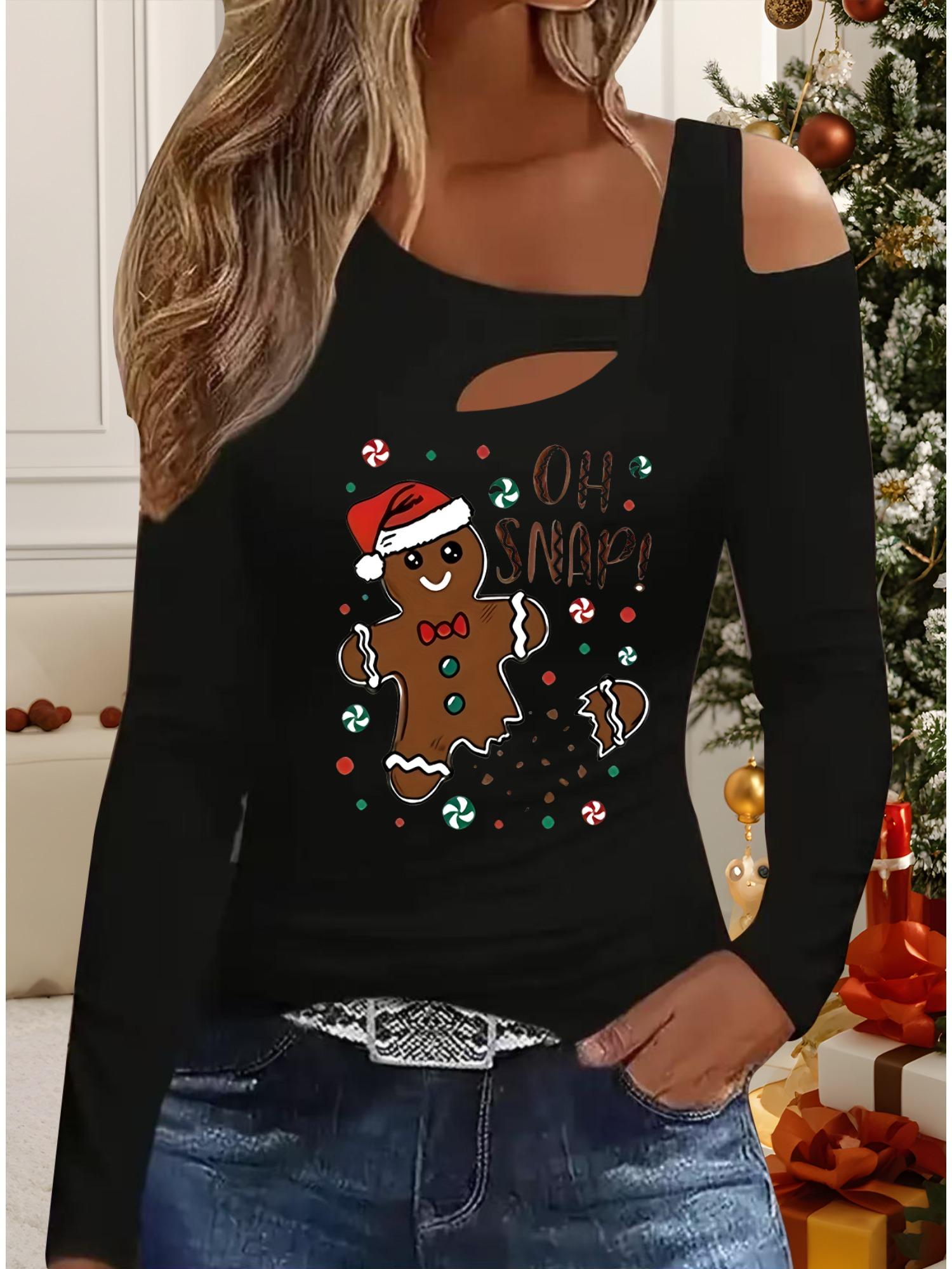 

Осень и Зима Женский Новый Повседневный Топ с Длинным Рукавом Рождественский Узор Идеальный Подарок на Хэллоуин Рождество Футболка S чёрный