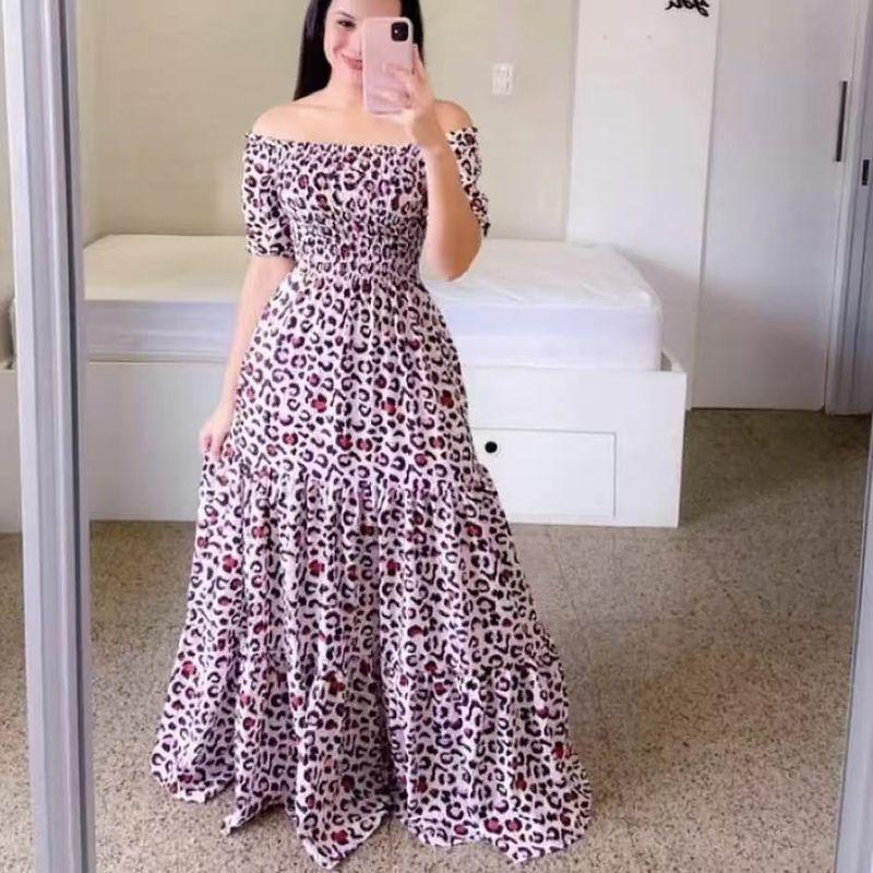 

2025 Трансграничное Новое Платье с Открытыми Плечами, Цветочным Принтом, Открытыми Плечами, Длинное, Женская Мода, Градиентный Цвет, Длинная Юбка Pink Leopard Print L