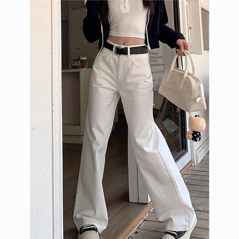 Women s High Waist White Retro Straight-Leg Jeans - Slimming, Versatile, Wide-Leg, Long Pants L