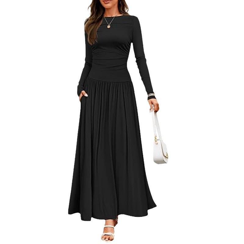 2025 Cross-border Women's Round Neck Pleated Pocket Slim Fit Long Sleeve Knit Dress