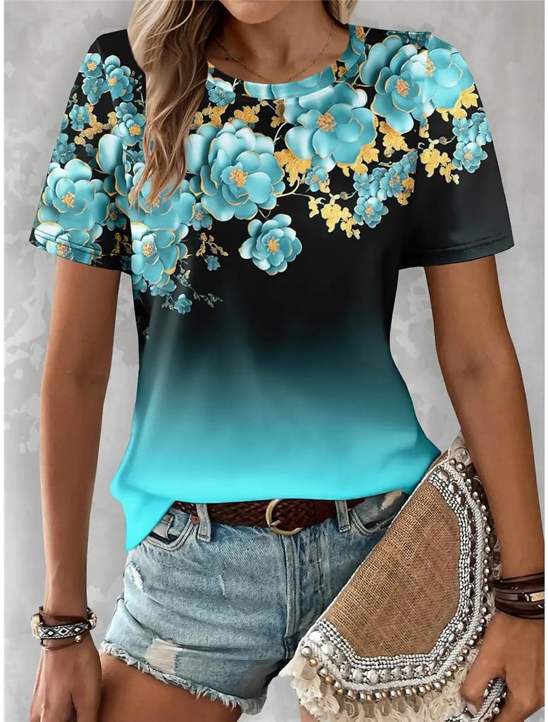 Summer Women's Y2k Floral Casual Holiday 3d Print Color Gradient Short Sleeve Tees Fashion Crew-neck T Shirts For Women