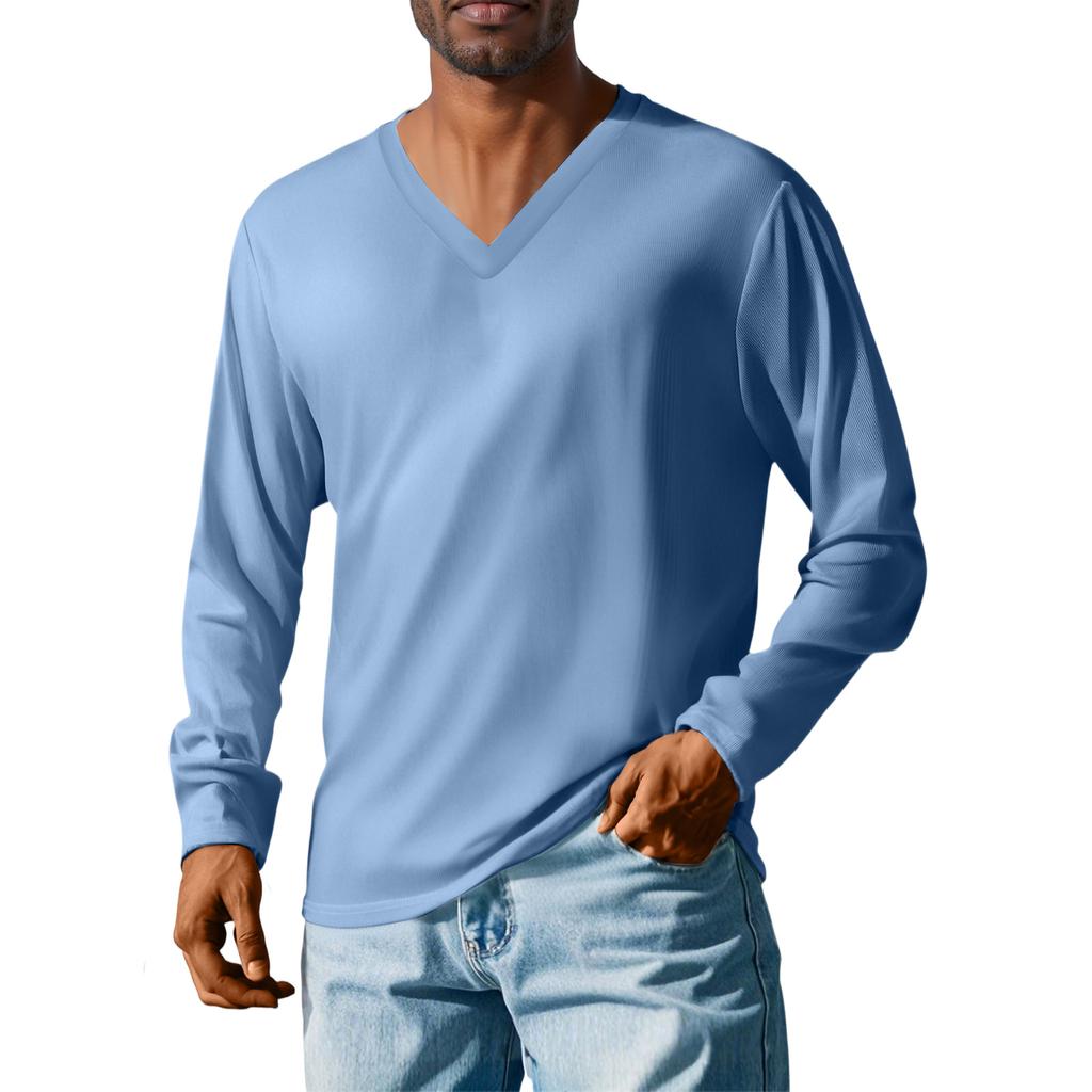 Men'S V-Neck Loose Casual Long Sleeved Shirt Fashionable Top