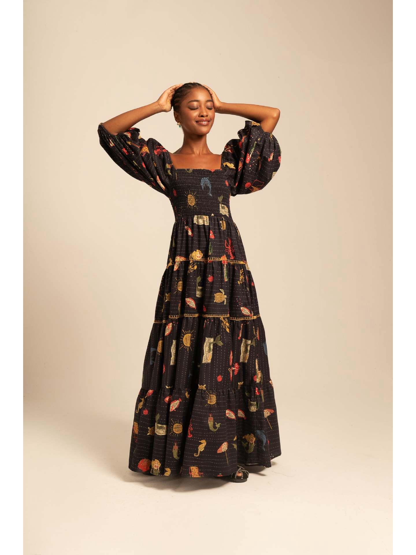 

Autumn Puff Sleeve Floral Square Neck Long Beach Dress for Women L чёрный
