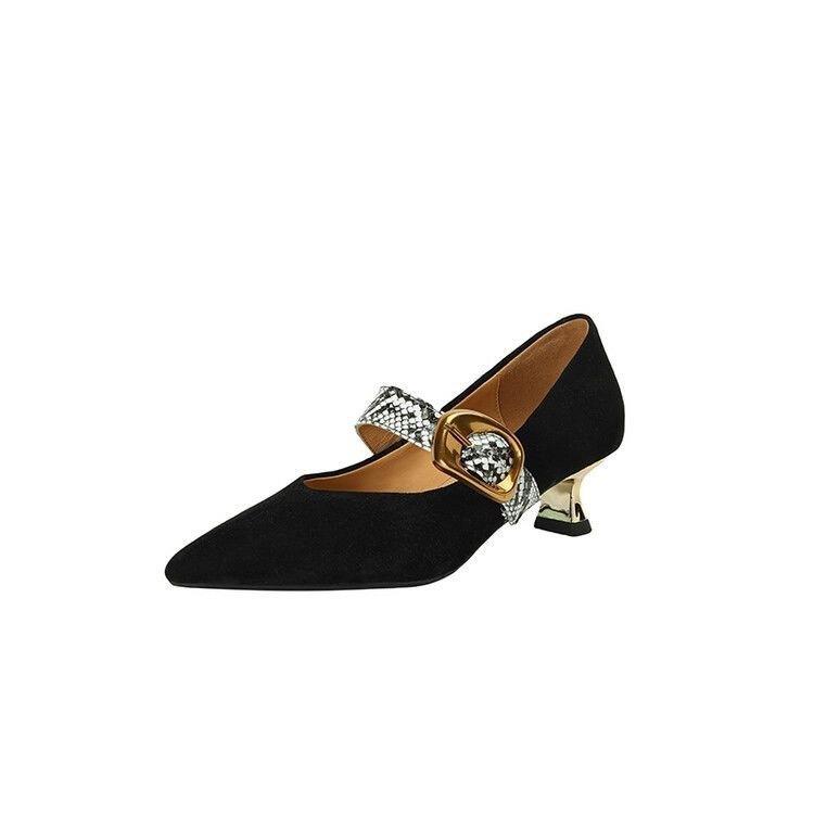 French one-word buckle strap stiletto shoes 2025 autumn pointed head shallow mouth frosted leather high heels medium heel Mary Jane shoes