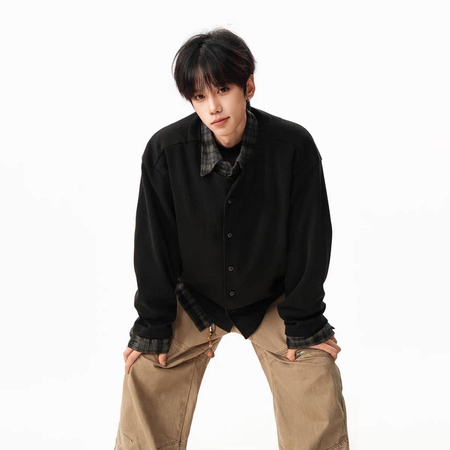 Vintage-Inspired Plaid Patchwork Knit Cardigan Men s Trendy Loose Baseball Jacket 2XL