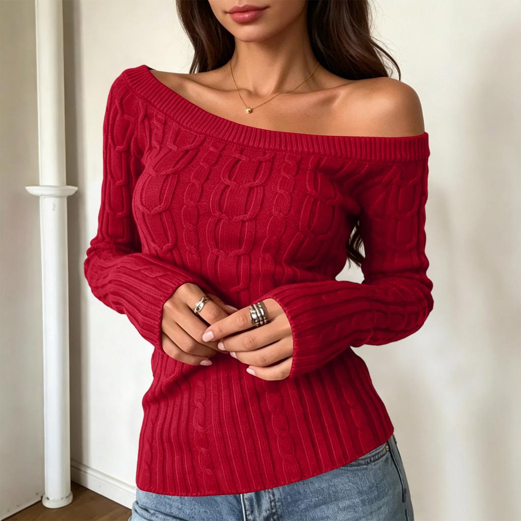 Women's Casual Off-Shoulder Cable Knit Long Sleeve Sweater
