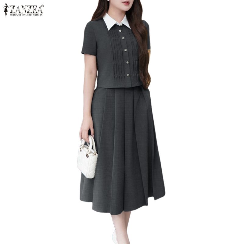 ZANZEA Women Short Sleeve Blouse and Long Skirts Casual Two Piece Suit Sets
