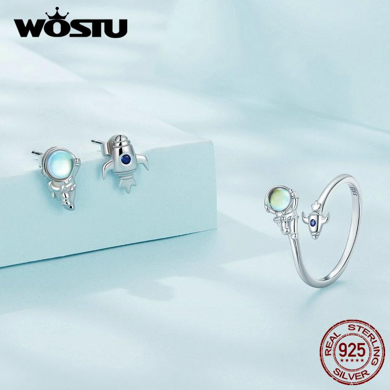 

WOSTU стерлингового серебра 925 пробы, креативный космонавт, космический корабль, асимметричные открывающиеся кольца, радужные серьги-гвоздики для девочек, ювелирные изделия на день рождения, подарок 925 silver
