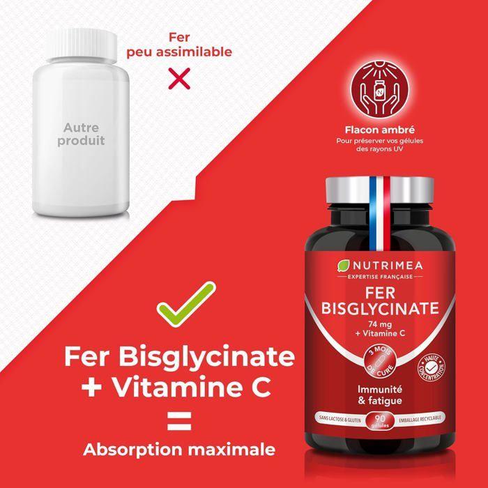 Fer bisglycinate + vitamine c • absorption et biodisponibilité maximale • 14 mg de fer • 90 gélules - nutrimea