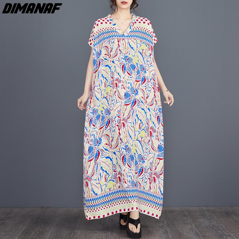 

DIMANAF 2024 Women Plus Size Spring Summer Beach Dress Elegant Fashion Floral Print Long Dress Bohemian Style Loose Maxi Dress
