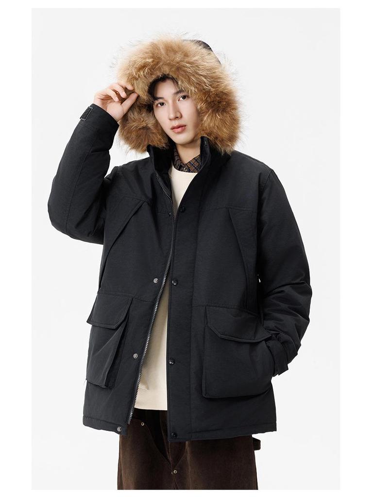 Unisex Mid-Length Winter Down Jacket with Fur Collar - Men's 90% White Duck Down Thickened Parka
