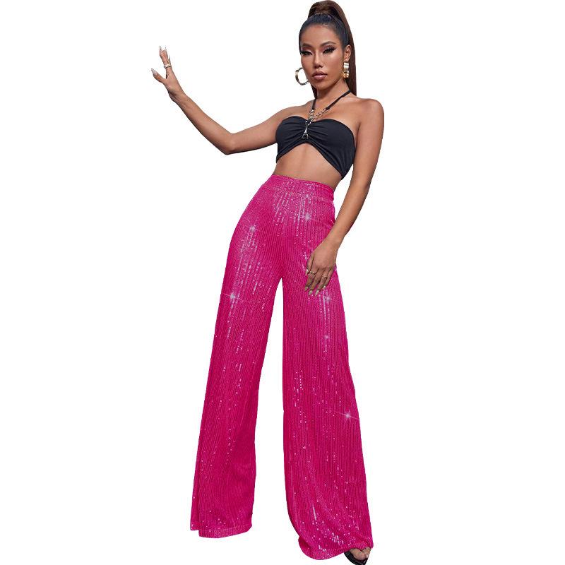 Women s High-Waist Sequin Wide-Leg Summer Pants - European & American Casual Fashion S