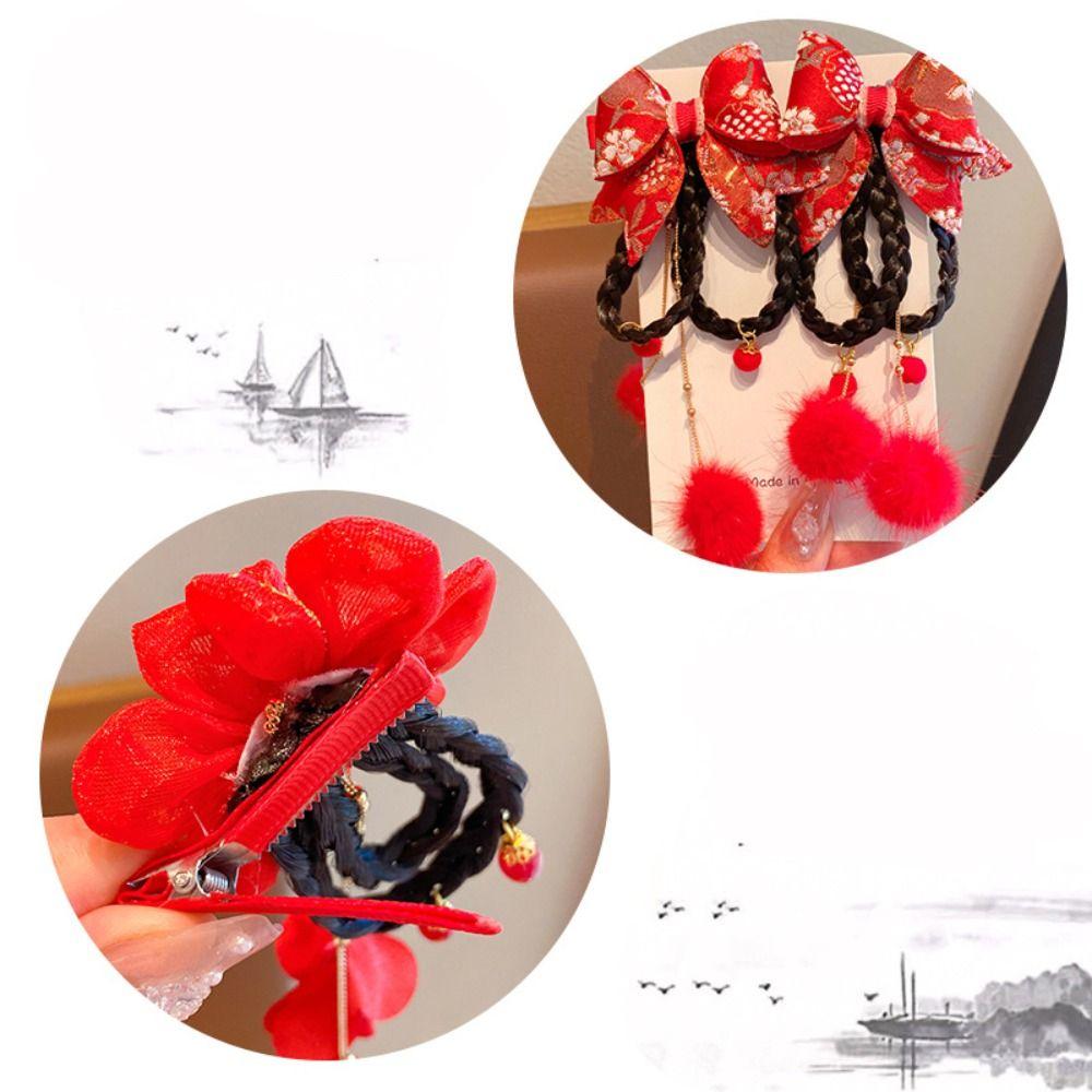Tassel Children Wig Hairpin Braid Hair Red Bow Hairpin Cute Chinese New Year Headwear  Children