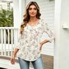 Womens 3/4 Sleeve V Neck Button Detail Floral Print Tunic Top Casual Lightweight Blouse for Daily Wear